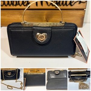 Diophy Black Handbag w/Heart lock closure Convertible Gold Handle w/44” Chain